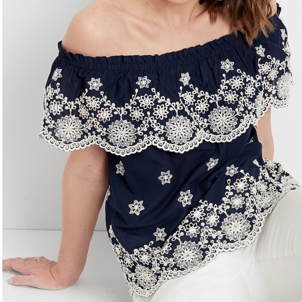 Maurices Off The Shoulder Embroidered Navy Blue and White Top